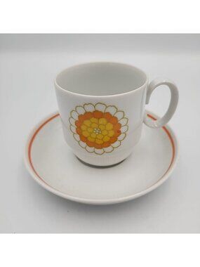 Vintage Georges Briard FLORETTE Cup & Saucer Japan Orange Yellow Flower MCM